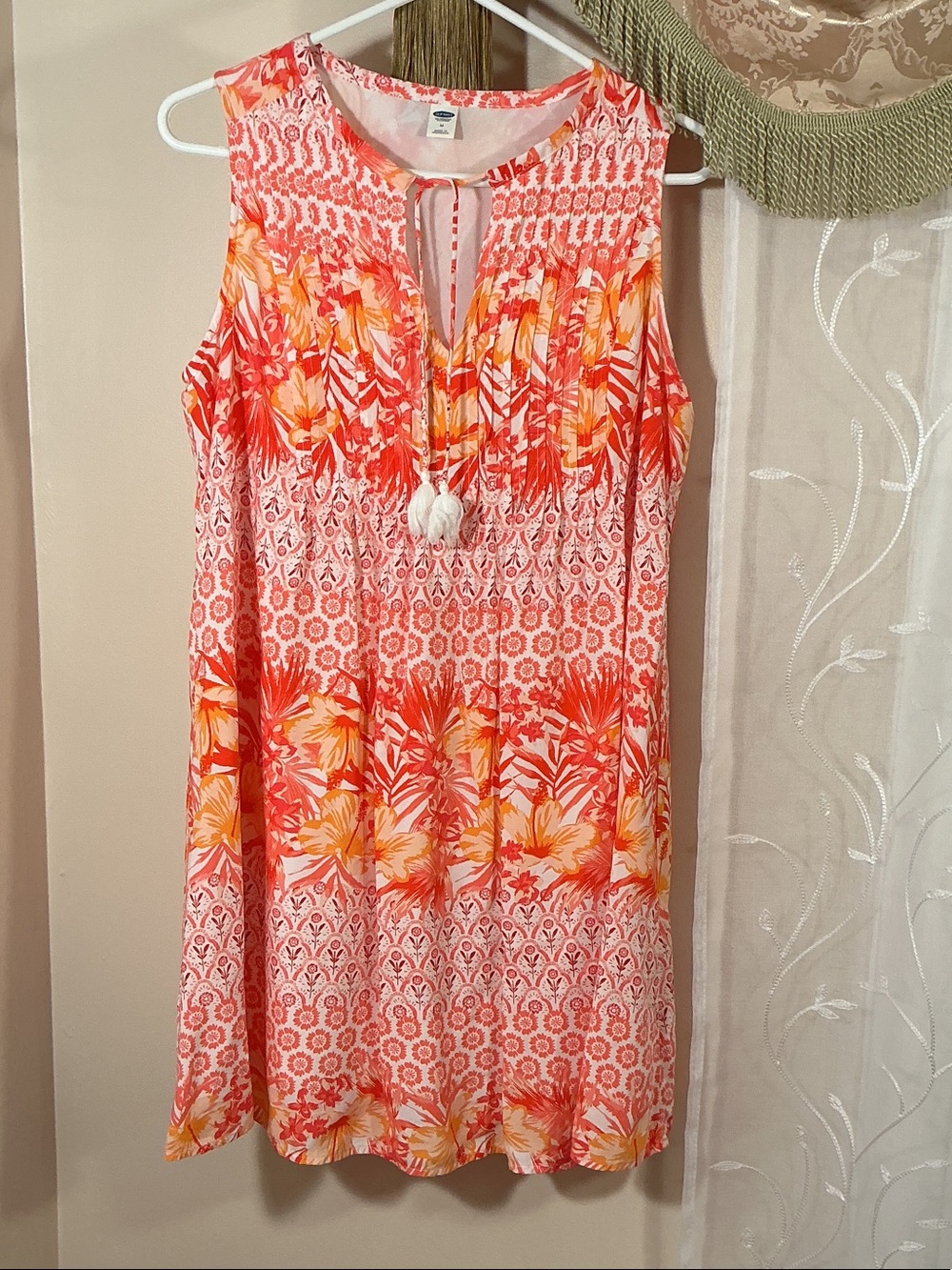 Old Navy Sleeveless Knee Length Floral Summer Dress Coral & Yellow Sz M Rayon